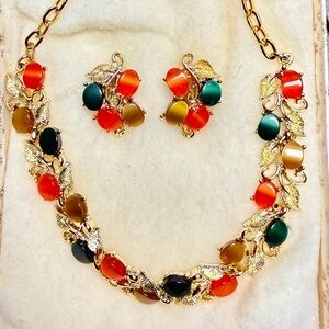 Vintage Thermoset Multicolor Moon Glow Lucite + Gold-tone Necklace/Earrings Set